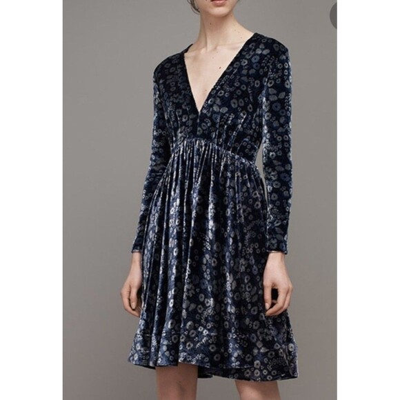Rebecca Taylor Liane Navy Floral Velvet Mini Dress Long Sleeve Size 12 - Picture 1 of 16